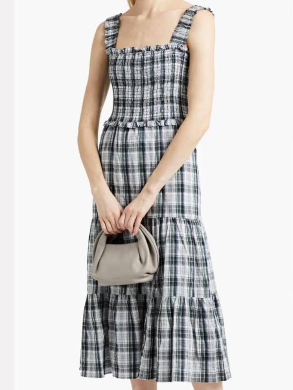 NWT VERONICA BEARD Ziada Cotton Smocked Shirred Tiered Midi Dress 8 Grey Plaid